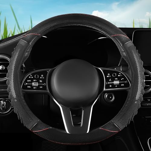 5D Honeycomb Black Car Steering Wheel Cover,14.5-15 Inch Universal Carbon Fibre Leather Covers Breathable Anti-Slip Odorless Steering Wheels Accessories for Men Women - color: 5D Honeycomb - Black