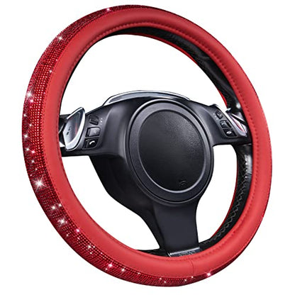 CAR PASS Bling Diamond Leather Steering Wheel Cover, with Bling Sparkly Crystal Glitter Rhinestones Universal Fit 14" 1/2-15" Car Wheel Protect for Women Girl Fit Suvs,Vans,Sedans,Cars,Trucks, Red - color: Red Diamond on Velvet