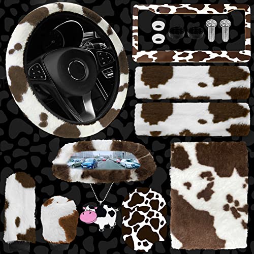 JINGSEN11 Pieces Fluffy Car Accessories Set,Fluffy Cow Print Plush Steering Wheel Covers for Women Soft Fleece Handbrake Cover Shift Cover Car Trim Warm Non-Slip(Brown) - size: brown