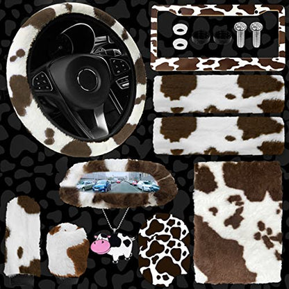 JINGSEN11 Pieces Fluffy Car Accessories Set,Fluffy Cow Print Plush Steering Wheel Covers for Women Soft Fleece Handbrake Cover Shift Cover Car Trim Warm Non-Slip(Brown) - size: brown