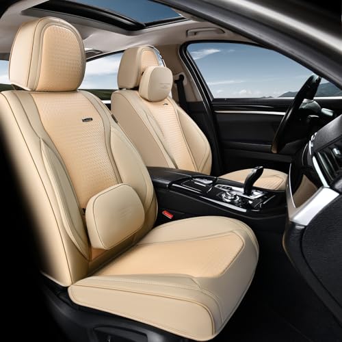 Coverado Seat Covers, Car Seat Covers Front Seats, Waterproof Nappa Leather Auto Seat Cover with Lumbar Head Pillow, Beige Seat Covers Carseat Cover Universal Fit for Most Cars - color: Beige（Pillow）, size: Front