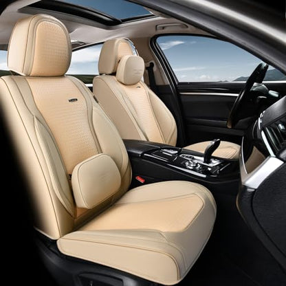 Coverado Seat Covers, Car Seat Covers Front Seats, Waterproof Nappa Leather Auto Seat Cover with Lumbar Head Pillow, Beige Seat Covers Carseat Cover Universal Fit for Most Cars - color: Beige（Pillow）, size: Front