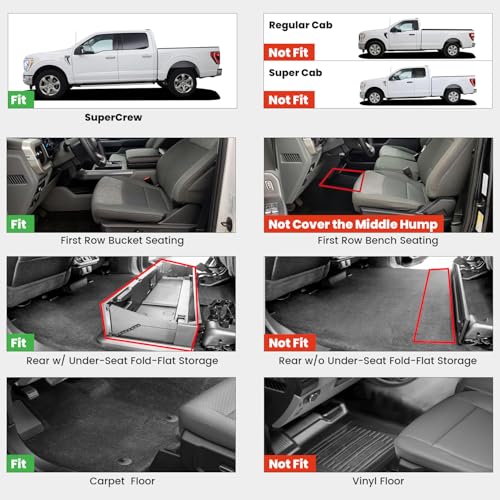 LASFIT Floor Mats for Ford F-150 2021-2026 | F150 Lightning 2022-2025 SuperCrew (Rear w/Fold Flat Storage) Carpet Floor All Weather Car Liners TPE Truck Mats - 1st and 2nd Row, 3pcs Black