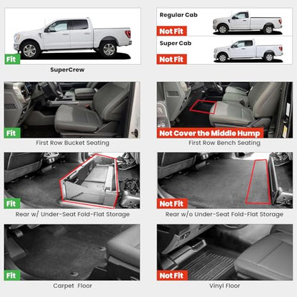LASFIT Floor Mats for Ford F-150 2021-2026 | F150 Lightning 2022-2025 SuperCrew (Rear w/Fold Flat Storage) Carpet Floor All Weather Car Liners TPE Truck Mats - 1st and 2nd Row, 3pcs Black