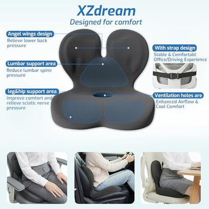 Seat Cushion,Office Chair Cushion with Lumbar Support,Memory Foam Car Orthopedic Cushion,Ergonomic Designed for Long Sitting,Tailbone & Back Pain Relief,Sciatica Pillow for Office,Car,Home Chair