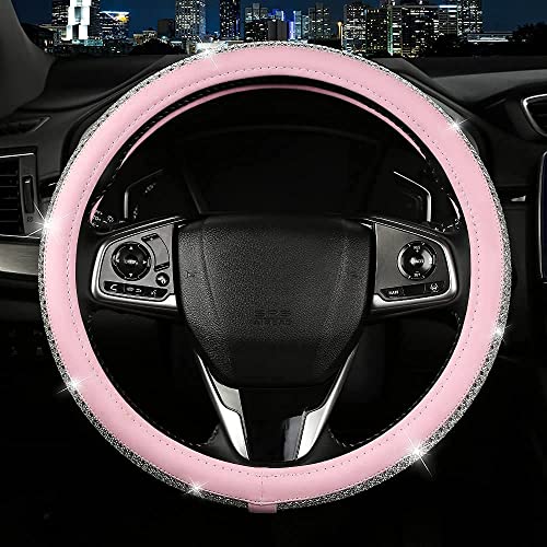 Bling Diamond Leather Steering Wheel Cover, Pink Steering Wheel Covers for Women Girls with Crystal Rhinestones, Universal Fit 14.5“-15" Car Steering Wheel Bling Cover Accessories - color: Crystal White Diamond