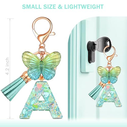 JINGUAZI Initial letter Keychains for Women Tassel Butterfly Pink Purple Cute Car Keychain for Wallet Backpack bag charm - color: A-green