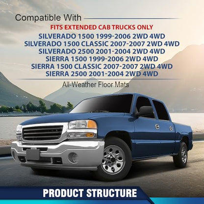PIT66 Floor Cargo Liners Mats Fit for Chevy Silverado/GMC Sierra 1500 1999-2006, 1500 Classic 2007, Fit Silverado Sierra 2500 2001-2004 2WD 4WD Extended Cab, TPE 3-Piece All Weather Floor Liners - size: Fit Silverado Sierra Extended Cab 1999-2006 | 3PCS