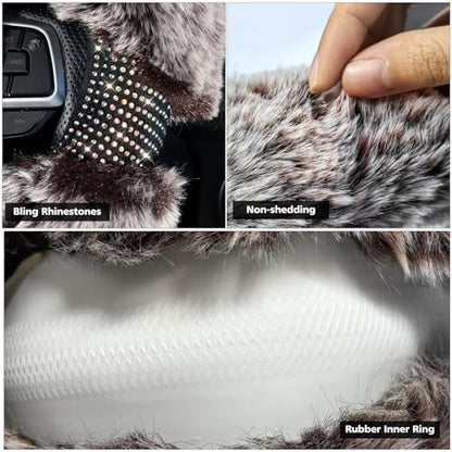Winter Fluffy Steering Wheel Cover 15 inch, Soft Plush Steering Wheel Protector with Bling Rhinestones, Comforting and Luxurious, Brown - color: brown