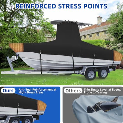 Marine Grade Waterproof Center Console Boat Cover with T Top Roof, Tear Resistant Trailerable Storage Covers, All-Weather Protection T-Top Boat Cover 24-26 ft, Beam Width Up to 112", Black - color: Black, size: 24'-26' Long (Beam Width up to 112")