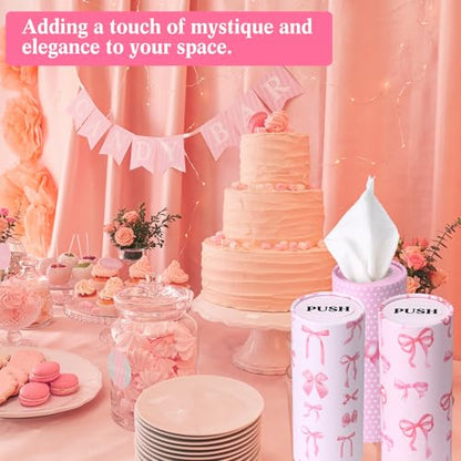 Outus 12 Pcs Bow Car Tissues Cylinder Holder with 3 Ply Facial Tissue Bulk Pink Bow Ribbon Round Tissue Holder Travel Tissues Boxes Container for Car Cup Wedding Birthday Party - style: Bow
