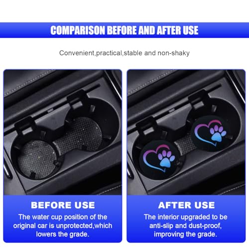 2PCS Car Cup Holder Coasters, 2.73 Inch Absorbent Anti-Slip Shockproof Cup Holder Insert, Dog Paw Heart Print Car Drink Mat, Universal Car Interior Accessories for Vehicles, Trucks, RVs (Blue/Pink)