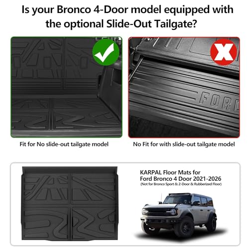 KARPAL Floor Mats for 2021-2026 Ford Bronco 4 Door (Not for Sport), Custom Fit TPE All Weather Ford Bronco Accessories 1st&2nd Row Floor Liner & Cargo Liner & Backrest Mat - style: 2021-2026 | For Ford Bronco 4 Door | 1st & 2nd & Cargo Liner