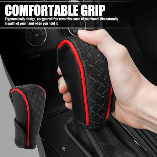 Leather Car Gear Shift Cover with Diamond Design,Stylish Gear Shift Knob Cover for Anti-Scratch Protection & Decoration,Universal Gears Shifter Covers Car Accessories for Men (Red)