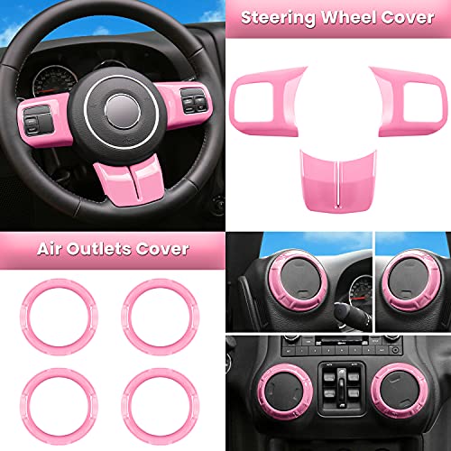 E-cowlboy 18 PCS Full Set Interior Decoration Trim Kit Steering Wheel Center Console Door Handle Air Conditioning Vent Cup Holder Gear Cover Trim for Jeep Wrangler JK JKU 2011-2018 4-Door (Pink) - color: Pink