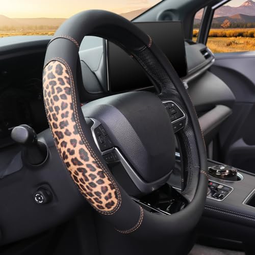 Microfiber Leather Leopard Steering Wheel Cover, Universal 15 Inch, Spliced Anti-Slip Car Wheel Protector, Luxury Cheetah Auto Accessories, Coffee Black - color: Brown Leopard