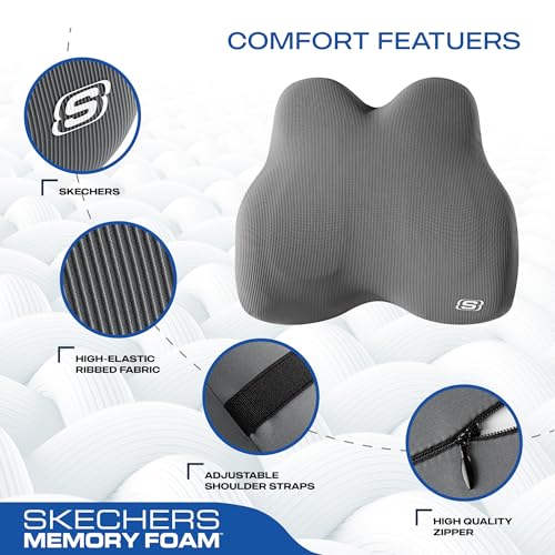Skechers Memory Foam Lumbar Pillow,Lumbar Support Pillow for Office, Chair Lower Back Pain Relief Lumbar Pillow, Ergonomic Design Back Support Pillow for Office Chair, Car, Home, Travel,Gray