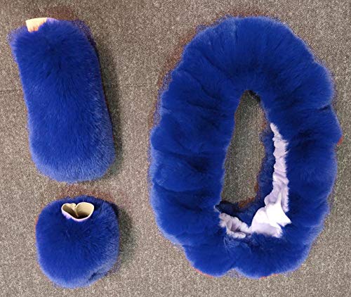 Winter Warm Fluffy Furry Fuzzy Car Steering Wheel Cover,Universal Fit Thickening Faux Rabbit Fur Plush Steering Covers+Gear Shift Cover and+Brake cover-3pcs Set (Blue) - color: blue