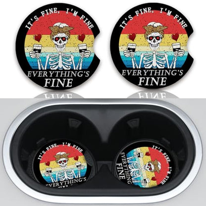 Funny Skull with Coffee Cup Holders Car Coasters Set for Women/Men,Absorbent Cup Car Holders, 2 Pack Universal Neoprene Coasters with A Finger Notch - color: Funny Skull With Coffee
