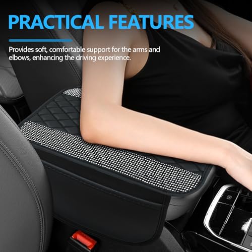 Bling Leather Car Center Console Cover, 12.2"×7.48" Crystal Rhinestone Automotive Arm Rest Cover with Side Pockets, Universal Vehicle Armrest Protector, Interior Car Accessories (White) - color: White