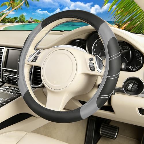 HZEL 4PCS Car Accessories Set, 14.5-15" Non-Slip Soft Microfiber Leather Steering Wheel Cover, Comfortable Seat Belt Cushion, Center Console Armrest Cover, Universal Fit (Black/Gray) - color: Black/Gray
