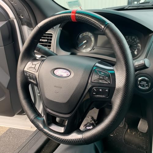 Steering Wheel Cover Hand-Stitch on Black Leather Gloss Carbon Fiber Protector Interior Steering Wheel Wrap for 2016 2017 2018 2019 Ford Explorer Base XLT Limited Platinum Sport