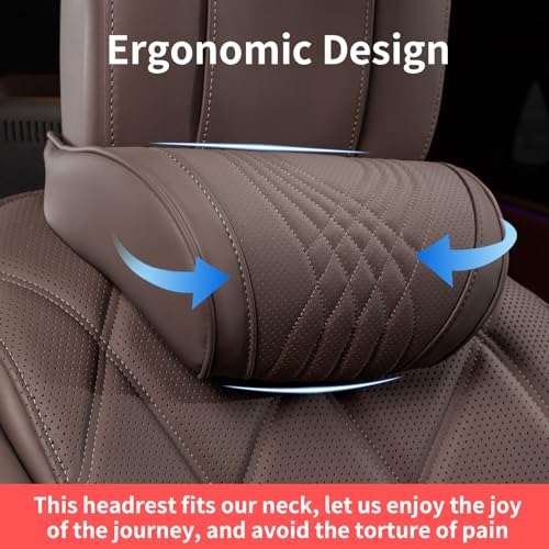 Car Headrest Memory Foam Neck Pillow for Driving with Leather Cover Soft Comfortable Seat Head Pillow Cushion for Most Cars SUV Sedan Home Office Brown (2PC)