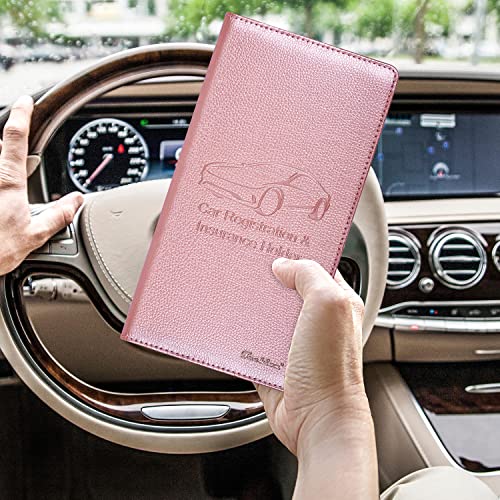 Car Insurance and Registration Holder, 9.5 x 5 Inch PU Leather Vehicle Glove Box Organizer Wallet Case for Insurance Card, Driver License, Paperwork - Rose Gold - color: RoseGold