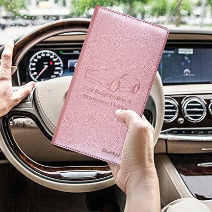 Car Insurance and Registration Holder, 9.5 x 5 Inch PU Leather Vehicle Glove Box Organizer Wallet Case for Insurance Card, Driver License, Paperwork - Rose Gold - color: RoseGold