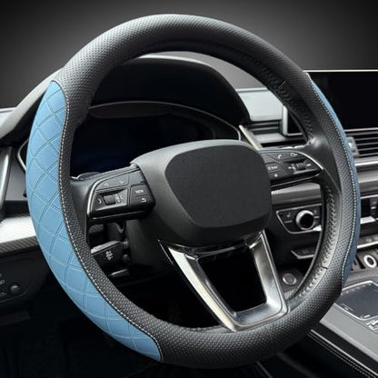 Nappa Leather Steering Wheel Cover,Elegant Diamond Checkered Design, Non-Slip wear-Resistant, Enhance Driving Comfort, Suitable for Steering Wheel Diameter 14 1/2‘-15’ Models.Black Blue - color: Black Blue