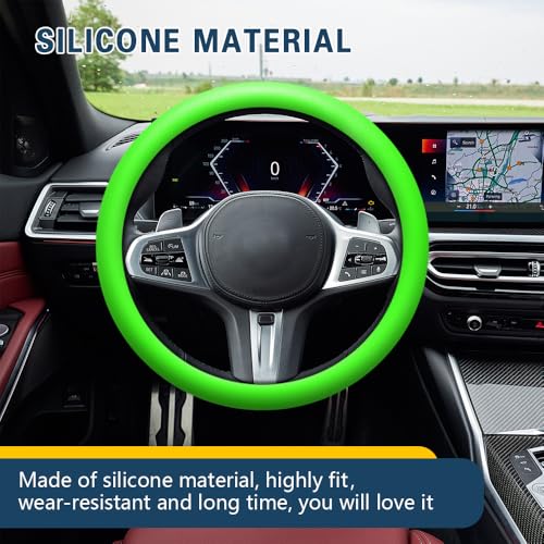 Car Steering Wheel Cover, 13 to 14.17 inches Non-Slip Silicone Steering Wheel Protector, Car Accessories Thin Soft Leather Texture Steering Wheel Protective Cover for Most Cars (Green) - color: Green