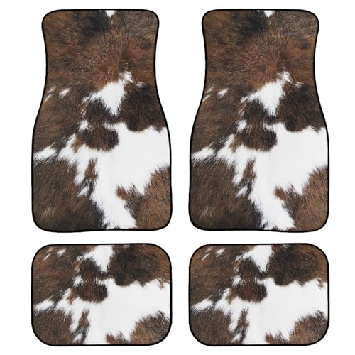 Cow Print Car Floor Mats 4Pcs Abstract Cowhide Fur Brown White Cute Farmhouse Animal Skin Print Floor Mats for Cars Custom Front Rear Vehicle Rugs Universal Auto Accessories for Trucks - color: Brown White