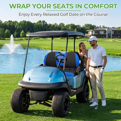 10L0L Golf Cart Seat Covers, Super Comfort Cooler Than Vinyl Seat Cover, Front and Rear Seat Cover for Yamaha EZGO Club Car, No Drilling Breathable Mesh Bench Seat Blanket, Machine Washable - color: Black + Blue, style: Front Seat - For Yamaha & Club Car