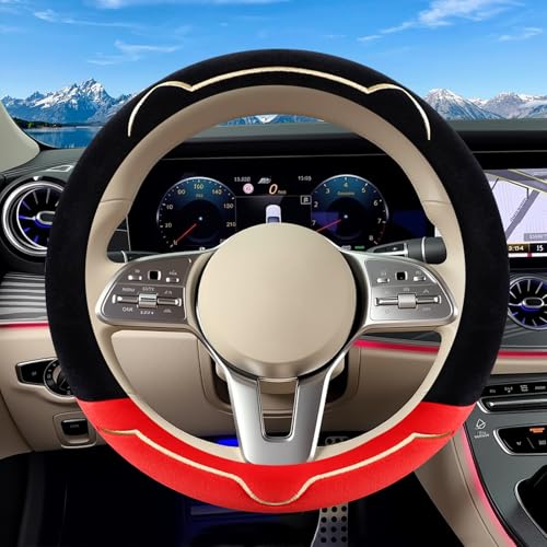 Cat Ears Plush Steering Wheel Cover,Universal 14.5-15 Inch Winter Plush Warm Steering Wheel Cover, Soft Fluffy, Anti-Slip Design, Soft Texture (Black+Red) - color: Cat Ears