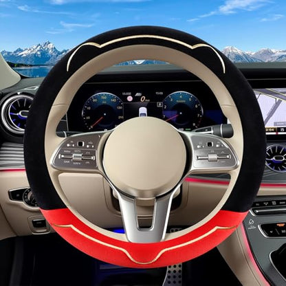 Cat Ears Plush Steering Wheel Cover,Universal 14.5-15 Inch Winter Plush Warm Steering Wheel Cover, Soft Fluffy, Anti-Slip Design, Soft Texture (Black+Red) - color: Cat Ears