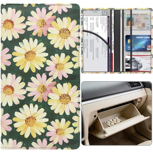 Car Registration and Insurance Holder, Premium Pu Leather Vehicle Glove Box Organizer - for Driver License, Cards & Essential Documents (L-Floral) - color: Floral, size: Large