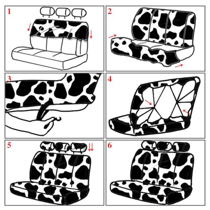 Frienda 17 Pcs Cow Print Car Accessories Set, Includes Seat Covers Set Cow Steering Wheel Cover Armrest Pad Cover Seat Belt Pads Mats Keychain and Wrist Strap for Women Cute Car Interior Decor - style: Cow Print