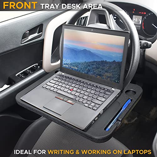 EcoNour 2 in 1 Car Steering Wheel Desk | Tray for Laptop Car Mount with Pen Holder | Desk Console for Car | Food Tray for Eating with Drinks Holder | Multipurpose Travel Car Accessories - size: Medium-Black