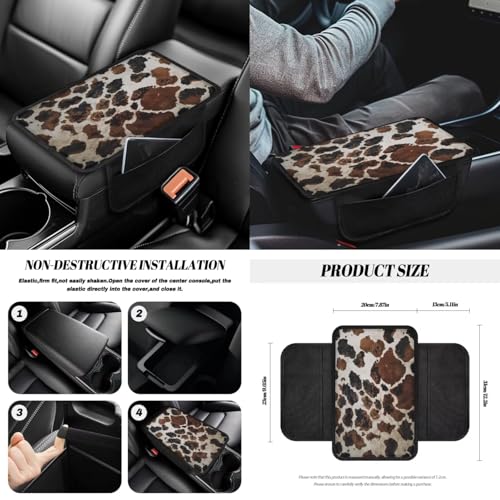 Wanyint Brown Black Cow Print 14 Pack Car Accessories Set, Universal Auto Seat & Steering Wheel Cover, Seatbelt Pad, Trash Can, Armrest & Cup Holders Rearview Mirror & Handbrake Cover Set - color: Brown Black Cow Print