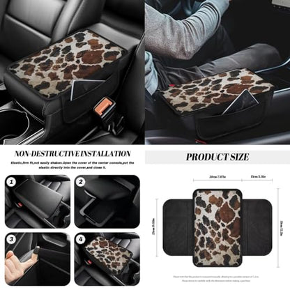 Wanyint Brown Black Cow Print 14 Pack Car Accessories Set, Universal Auto Seat & Steering Wheel Cover, Seatbelt Pad, Trash Can, Armrest & Cup Holders Rearview Mirror & Handbrake Cover Set - color: Brown Black Cow Print