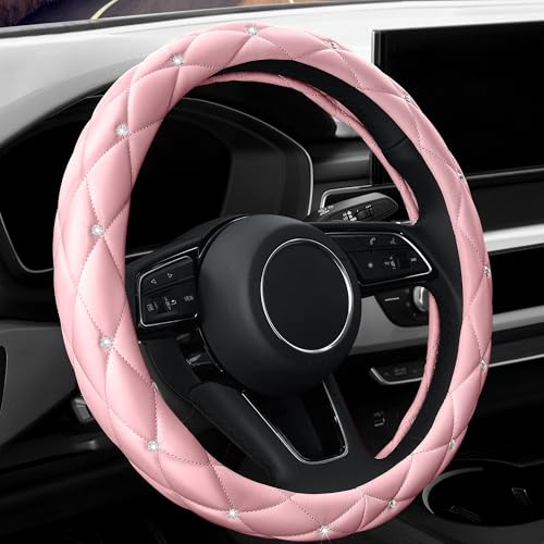 YOGURTCK Cute Diamond Soft Light Pink Leather Anti-Slip Steering Wheel Cover with Bling Bling Crystal Rhinestones, Universal 15 Inch for Women Girls, Fit Vehicles, Sedans, SUVs, Vans, Trucks - color: A-Baby Pink