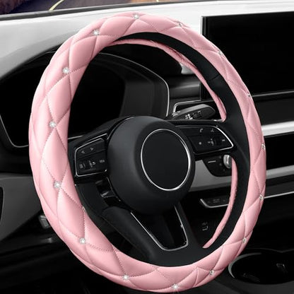 YOGURTCK Cute Diamond Soft Light Pink Leather Anti-Slip Steering Wheel Cover with Bling Bling Crystal Rhinestones, Universal 15 Inch for Women Girls, Fit Vehicles, Sedans, SUVs, Vans, Trucks - color: A-Baby Pink