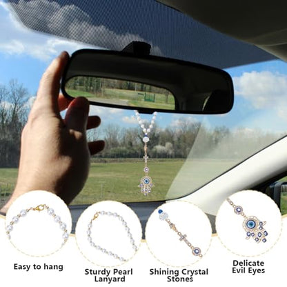 2pcs Evil Eye Car Hanging Ornament Hamsa Evil Eye Rear View Mirror Lucky Car Charm Lanyards Hanging Accessories Hand of Evil-Eye Sun Catcher Pendent for Window Home Door Frame Balcony