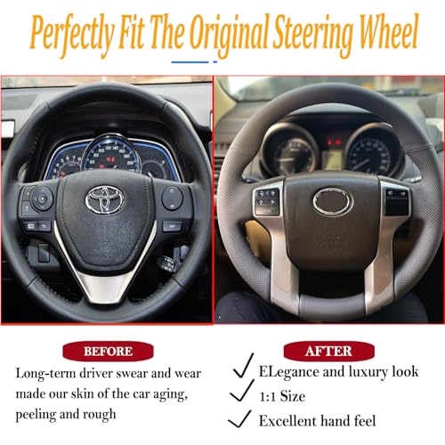Hand Stitch Steering Wheel Cover Customized Fit for Toyota Tacoma 2012-2021, 4Runner 2010-2021, Tundra Sequoia 2014-2021 Black Leather
