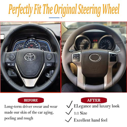 Hand Stitch Steering Wheel Cover Customized Fit for Toyota Tacoma 2012-2021, 4Runner 2010-2021, Tundra Sequoia 2014-2021 Black Leather