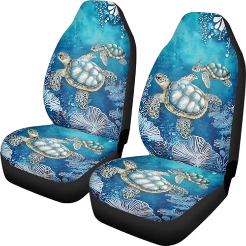 INSTANTARTS Blue Turtle Car Seat Covers 2 Piece – Vintage Polyester Front Seat Protectors, Soft & Washable, Universal Fit for Most Cars SUVs Trucks - color: Blue Turtle