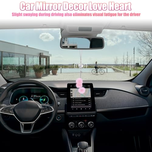 Bling Car Hanging Ornament, Bling Car Mirror Accessories for Women, Diamond Heart and Fuzzy Plush Ball, Car Accessories Hanging, Rear View Mirror Hanging Charm Pendant (White Heart, Pink Fluff)
