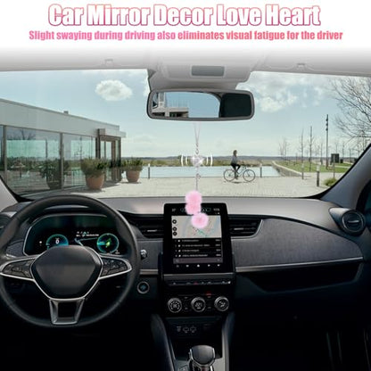 Bling Car Hanging Ornament, Bling Car Mirror Accessories for Women, Diamond Heart and Fuzzy Plush Ball, Car Accessories Hanging, Rear View Mirror Hanging Charm Pendant (White Heart, Pink Fluff)