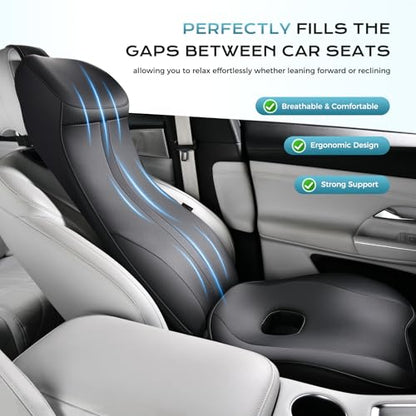 Coverado Car Seat Cushion and Lumbar Support Headrest Pillow One Piece, Ergonomic Memory Foam Car Neck Pillow & Back Support, Soft Leather Breathable Driving Seat Cushion Sciatica Pain Relief, Black