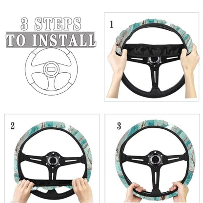 Forchrinse 15Pack Sea Turtle Car Accessories Set Hawaiian Hibiscus Car Seat Cover Full Set+Steering Wheel Cover+Car Trash Can+Seatbelt Cover+Coaster+Keychain - color: Sea Turtle Hibiscus